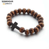 SOMEHOUR Vintage Cross Pendant Necklace Bracelet 45cm Round Wood Beads Chains Rosary Religious Accessories Jewelry For Women Men