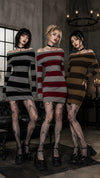 Women Gothic Y2K Off Shoulder Striped Knit Mini Dress, Long Sleeve Bodycon Sweater Dress, Punk Grunge Aesthetic Party Club Outfits