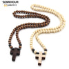 SOMEHOUR Vintage Cross Pendant Necklace Bracelet 45cm Round Wood Beads Chains Rosary Religious Accessories Jewelry For Women Men