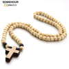 SOMEHOUR Vintage Cross Pendant Necklace Bracelet 45cm Round Wood Beads Chains Rosary Religious Accessories Jewelry For Women Men