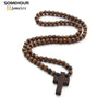 SOMEHOUR Vintage Cross Pendant Necklace Bracelet 45cm Round Wood Beads Chains Rosary Religious Accessories Jewelry For Women Men