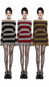 Women Gothic Y2K Off Shoulder Striped Knit Mini Dress, Long Sleeve Bodycon Sweater Dress, Punk Grunge Aesthetic Party Club Outfits