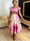 Women Cap Sleeve Floral Print Midi Dress Elegant Pleated Swing Dress For Evening Party Formal Occasion Slim Fit