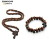 SOMEHOUR Vintage Cross Pendant Necklace Bracelet 45cm Round Wood Beads Chains Rosary Religious Accessories Jewelry For Women Men