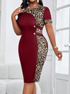 Women's Plus Size Burgundy Leopard Patchwork Bodycon Dress Short Sleeve Round Neck Party Office Midi Dress