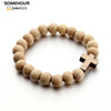 SOMEHOUR Vintage Cross Pendant Necklace Bracelet 45cm Round Wood Beads Chains Rosary Religious Accessories Jewelry For Women Men
