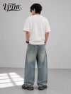 UP.THE Men Light Washed Baggy Wide Leg Jeans, Y2K Oversized Loose Plain Denim Pants, Minimal Basic Streetwear Trousers for Daily Casual Outfits