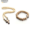 SOMEHOUR Vintage Cross Pendant Necklace Bracelet 45cm Round Wood Beads Chains Rosary Religious Accessories Jewelry For Women Men