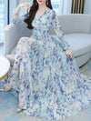 Vacation Style Women Summer V Neck Long Sleeve Butterfly Print Flared Hem Maxi Dress