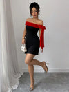 Women Off Shoulder Mini Dress Red Big Bow Spliced Bodycon Short Dresses Elegant Slim Fit Black Little Dress Night Club Party Birthday Outfits Evening Gown
