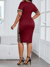 Women's Plus Size Burgundy Leopard Patchwork Bodycon Dress Short Sleeve Round Neck Party Office Midi Dress