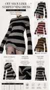 Women Gothic Y2K Off Shoulder Striped Knit Mini Dress, Long Sleeve Bodycon Sweater Dress, Punk Grunge Aesthetic Party Club Outfits