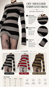 Women Gothic Y2K Off Shoulder Striped Knit Mini Dress, Long Sleeve Bodycon Sweater Dress, Punk Grunge Aesthetic Party Club Outfits